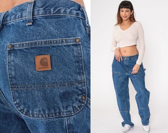 90s Carhartt Jeans Double Front Hammer Loop Utility Jeans Relaxed Straight Leg Denim Pants Workwear Blue Vintage Work Wear Men's 34 x 32