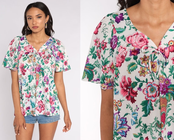 70s Bohemian Top White Floral Blouse Flutter Sleeve Blouse Tent Top Summer Shirt 1970s Boho Hippie Top Vintage Pink Bow Festival Large L