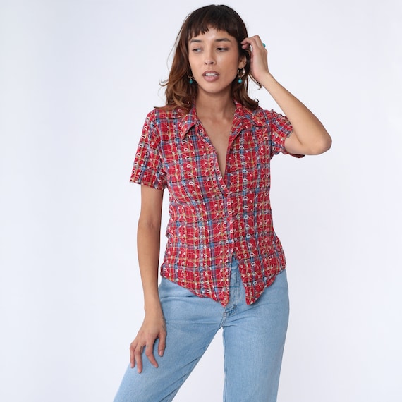 90s Plaid Blouse Red Embroidered Button Up Shirt Short Sleeve Eyelet Collared Top Checkered Preppy Casual Summer Vintage 1990s Small Medium