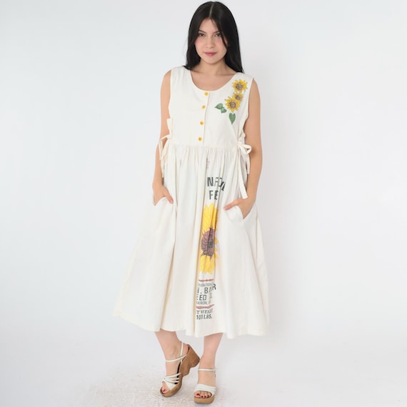 Vintage Sunflower Feed Sack Dress 90s Floral Sundress Button up Midi Flour Sack Sleeveless White High Waisted Summer Boho 1990s Small S