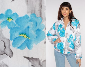 Floral Windbreaker Jacket 90s White Blue Grey Flower Jacket 80s Retro Warmup Jacket Vintage 1980s 1990s Retro Streetwear Nylon Medium M