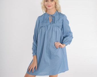 Blue Mini Dress 70s Tent Dress Keyhole Tie Neck 1970s Boho Plain Dress Vintage Long Sleeve Pleated Dress Seventies Hippie Casual Medium
