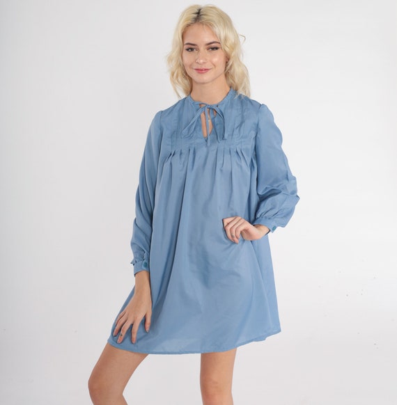 Blue Mini Dress 70s Tent Dress Keyhole Tie Neck 1970s Boho Plain Dress Vintage Long Sleeve Pleated Dress Seventies Hippie Casual Medium