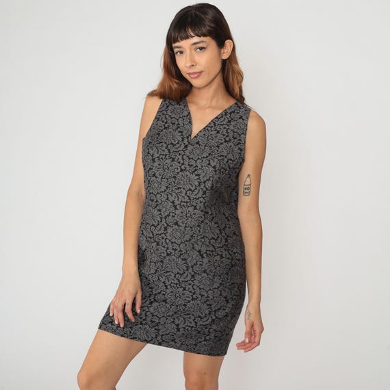 90s Grey Floral Damask Dress Black Pattern Sleeveless V Neck Fitted Sheath Bodycon Minimalist Vintage Party Cocktail Office Wear Large L