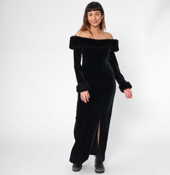 90s Black Velvet Off Shoulder Dress Vintage Faux Fur Trim Long Party Dress Maxi Gown Cocktail Evening Formal Goth 1990s Long sleeve Large L