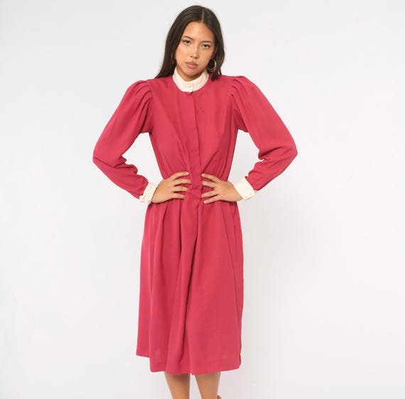 80s Magenta Puff Sleeve Dress Hot Pink White Mandarin Collar Button Front Blouson Long Sleeve Day Dress Nerdcore Preppy Vintage Small S