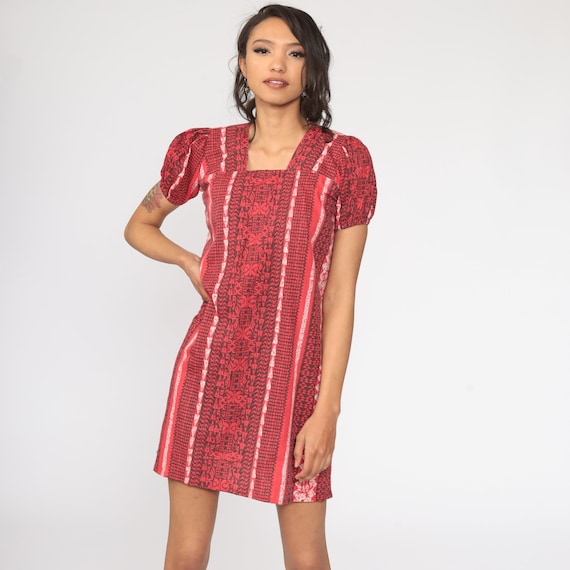 80s Dress Red Geometric Tribal Puff Sleeve Dress Mini Dress 1980s Short Sleeve Vintage Shift Dress Small