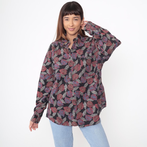 Black Leaf Print Shirt 90s Red Blue Feather Pattern Vintage Long Sleeve Button Up Cotton Summer Top Vacation Wear Layering Extra Large XL 18