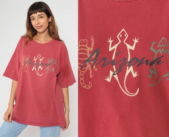 Arizona Desert Tee 90s Southwestern Graphic Coral Pink T-Shirt Lizard Scorpion Print Cotton Short Sleeve Crew Neck Oversized Extra Large XL
