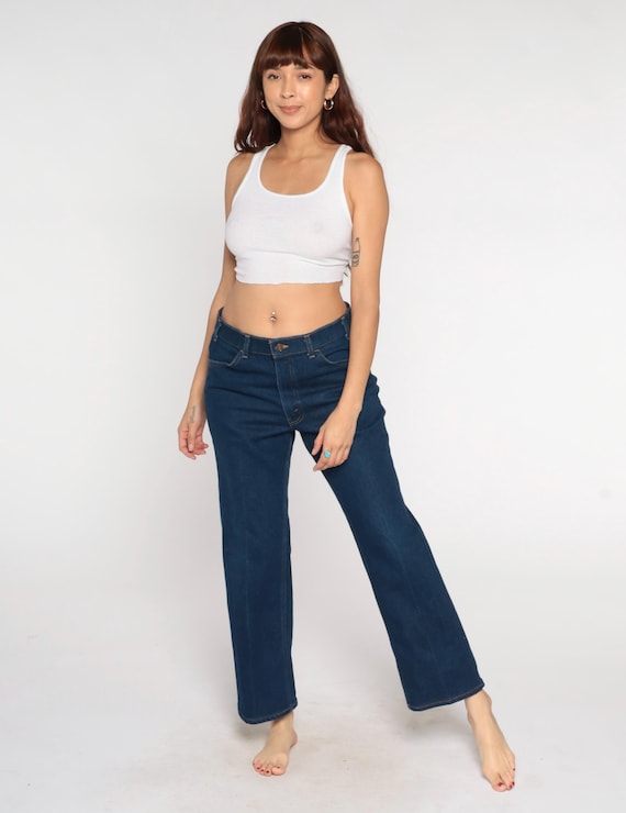 90s Levis Jeans Cropped Flare Vintage Dark Wash Low Rise Denim Cotton Polyester Fashion Retro Y2K Style Streetwear Grunge34 x 29