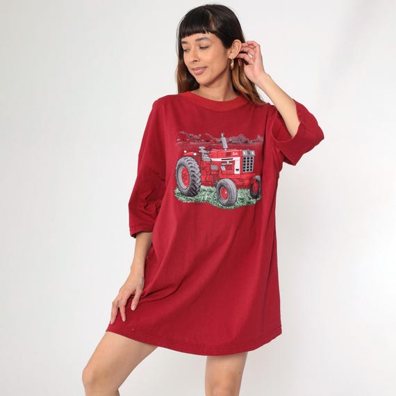 Vintage Red Tractor T-Shirt Dress 90s Farmer Graphic Short Sleeve Farm Mini Dress Crewneck 1990s Cotton 3x Plus Size 3xl