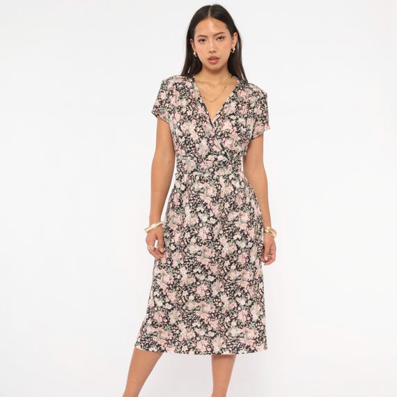 90s Floral Wrap Dress Pink Brown Garden Short Sleeve Tie Waist Belt Cottagecore Prairie Summer Flower Pattern Olive Green Vintage Large L