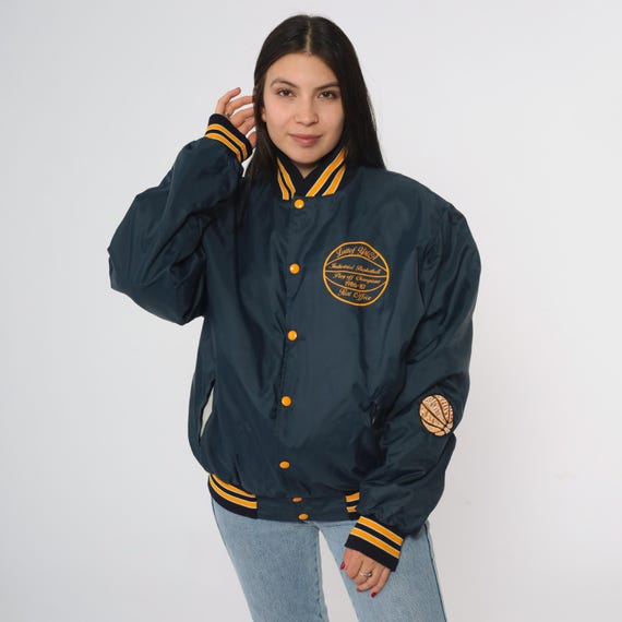 80s Bomber Jacket Navy Blue Rennoc Snap Front Striped Collar Yellow Trim Letterman Style Basketball Team Logo Varsity Windbreaker Large L