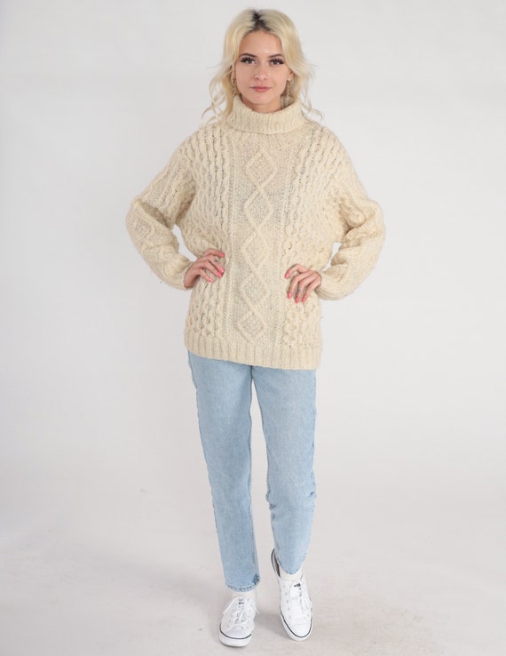 Cream Turtleneck Sweater 90s Cable Knit Pullover … - image 3