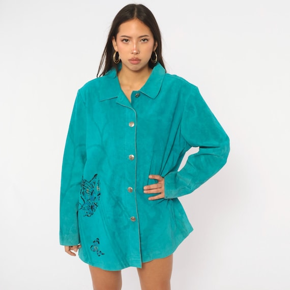 90s Turquoise Suede Leather Jacket Chicos Butterfly Beaded Painted Teal Blue Coat Button Front Waist Pockets Novelty Vintage Large L