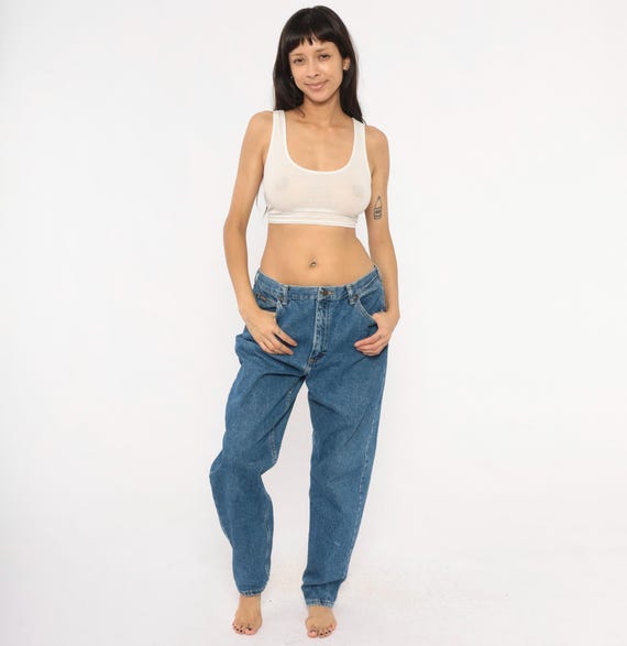 90s Riders Mom Jeans Blue Denim High Waisted Straight Leg Cotton Baggy Tapered Pants Stonewash Vintage Trousers Relaxed Fit Medium M 14