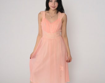 70s Nightgown Pink Slip Dress Floral Lace Applique Pearl Beaded Lingerie Nightie Midi High Waisted Sleeveless Filmy Vintage 1970s Small S 34