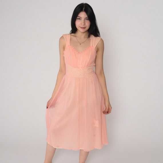 70s Nightgown Pink Slip Dress Floral Lace Applique Pearl Beaded Lingerie Nightie Midi High Waisted Sleeveless Filmy Vintage 1970s Small S 34