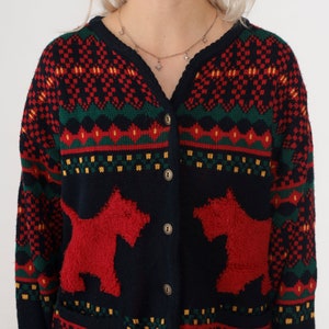 Scottie Dog Sweater 90s Button up Knit Cardigan Scottish Terrier Dog Print Striped Navy Blue Red Green Acrylic Vintage 1990s Tally Ho Medium image 4