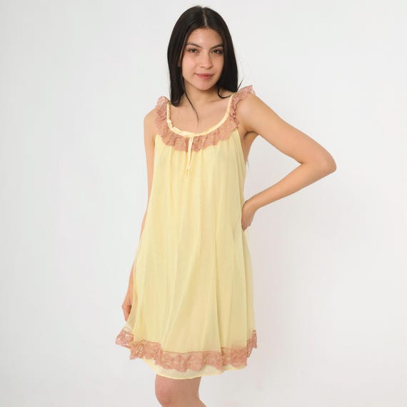 70s Yellow Babydoll Nightgown Vintage Lace Nightie Lingerie Slip Dress Pastel Mini 1970s Filmy Chiffon Tent Trapeze Nylon Boho Medium M