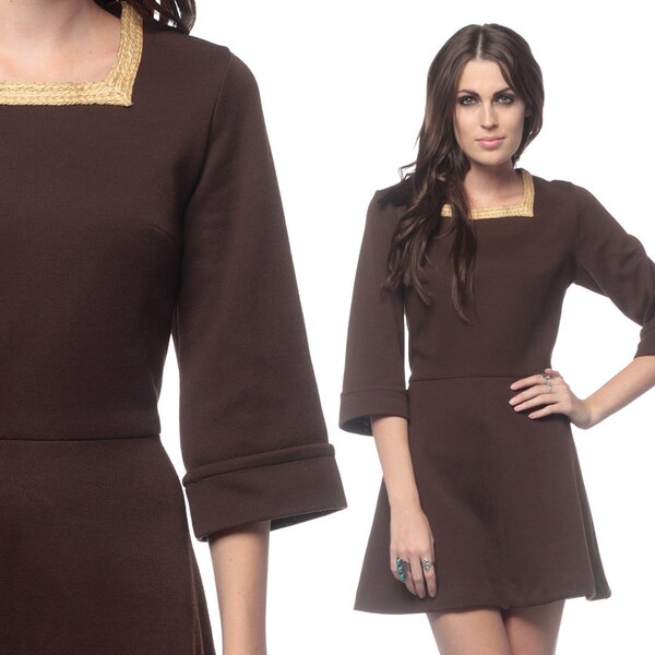 70s Mini Dress Brown Mod High Waisted Hippie 1970s Bleeker Street Seventies Square Neckline Cuffed 3/4 Sleeve Vintage Retro Minidress Large