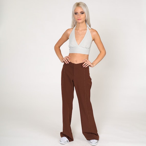 90s Bell Bottoms Brown Flared Trousers Western Pants Vintage Low Rise Flares Boho Hippie Low Waisted Retro Bohemian 1990s Medium 10 Tall