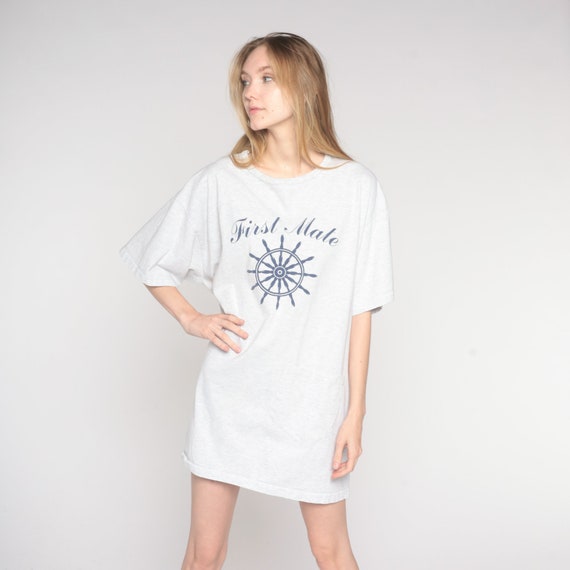 Vintage First Mate T-Shirt Dress 90s Nautical Graphic Tee Grey Print Sailing Pajama Lounge Dress Beach Cotton 1990s Small Medium Large