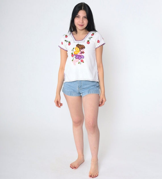Cross Stitch Fairy Blouse 90s Floral Embroidered Mexican Top Boho Hippie Shirt 1990s Bohemian Vintage Tunic Flower Festival 2xs xxs