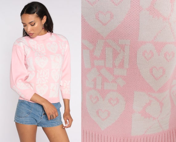 80s HEART Sweater Baby Pink Geometric Jumper Kawaii Pastel Slouchy 1980s White Vintage Knit Sweater Small xs s