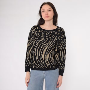 Vintage Metallic Animal Print Sweater 80s Black Gold Leopard Tiger Pullover Knit Sparkly Jumper Retro Glittery Sparkle Acrylic 1980s Medium