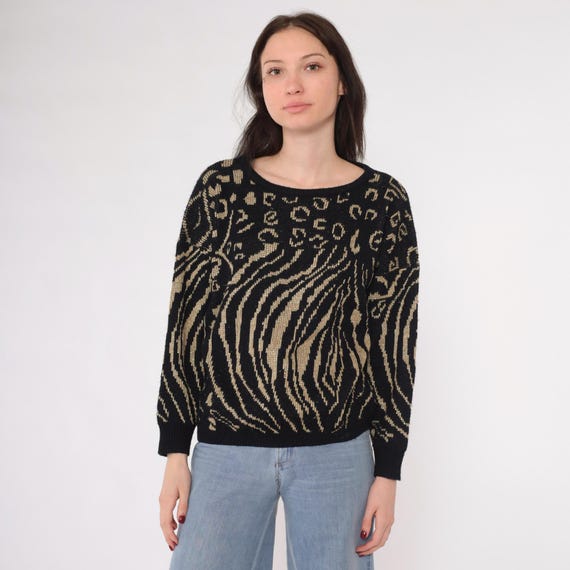 Vintage Metallic Animal Print Sweater 80s Black Gold Leopard Tiger Pullover Knit Sparkly Jumper Retro Glittery Sparkle Acrylic 1980s Medium