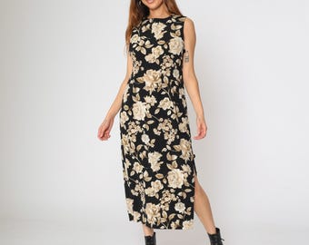 Vintage Rose Print Dress 90s Black Floral Midi Grunge Sundress Sleeveless Day Dress Boho Summer Hippie Casual Tank Shift 1990s Medium 10