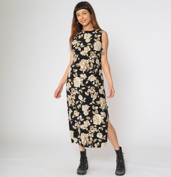 Vintage Rose Print Dress 90s Black Floral Midi Grunge Sundress Sleeveless Day Dress Boho Summer Hippie Casual Tank Shift 1990s Medium 10