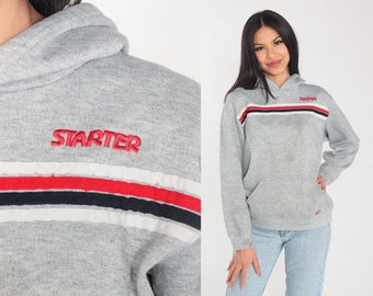 Starter Hoodie 90s Heather Grey Hooded Sweatshirt Red White Black Striped Pullover Sweater Kangaroo Pocket Vintage 1990s Hood Small Medium