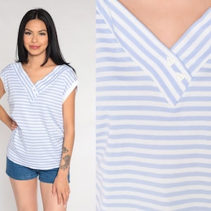 80s Striped Top Purple White Shirt V Neck Top CAP SLEEVE Blouse 80s Shirt Vintage Slouchy Retro 1980s Medium