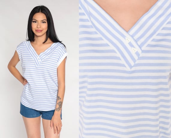 80s Striped Top Purple White Shirt V Neck Top CAP SLEEVE Blouse 80s Shirt Vintage Slouchy Retro 1980s Medium