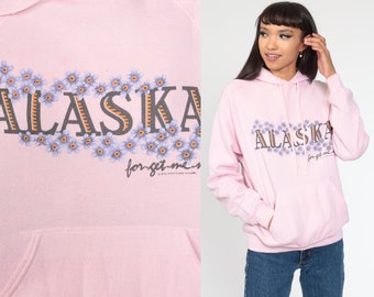 Alaska Hoodie Sweatshirt 90s Pink Floral Forget Me Not Hooded Sweatshirt Hood Graphic 1990s Sweatshirt Vintage