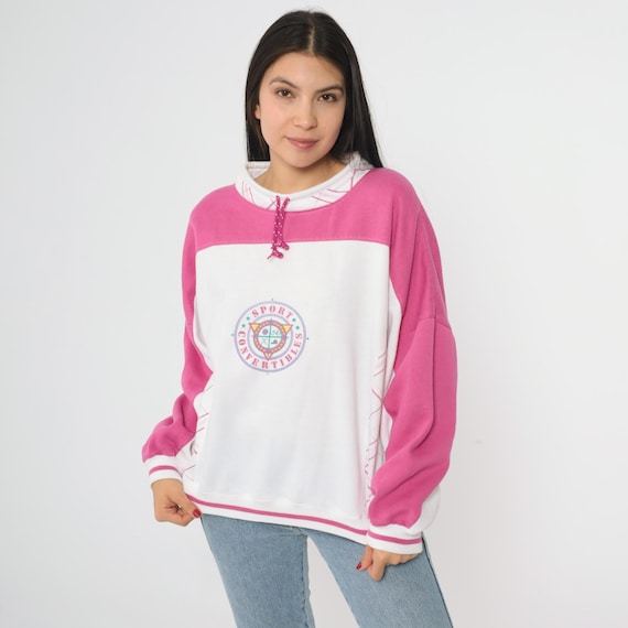 Pink Athletic Sweatshirt 90s Wilson Convertibles Sports Colorblock White Raglan Streetwear Vintage Pullover Lace Up Sporty Girly Large L