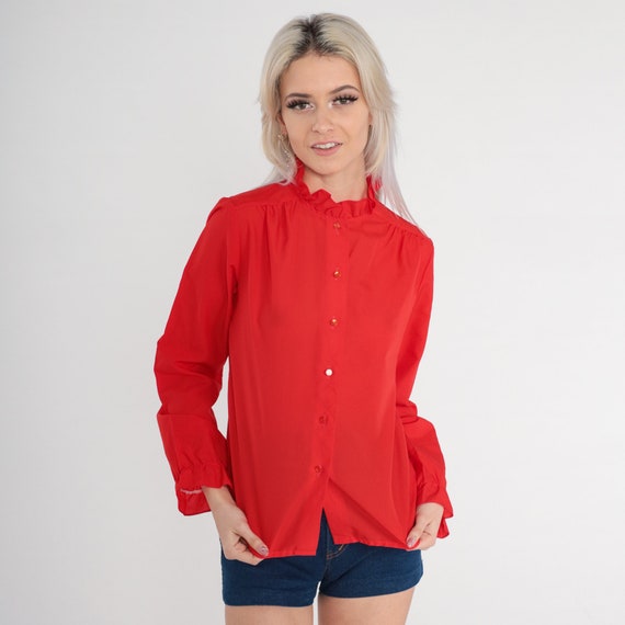 Red Ruffle Blouse 80s Semi-Sheer Button up Shirt High Neck Top Ruffled Retro Secretary Long Sleeve Tuxedo Collar Chic Vintage 1980s Small S