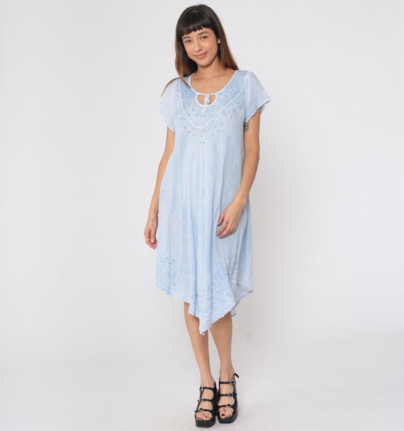 Tie Dye Dress Y2k Baby Blue Embroidered Midi Dress Rhinestone Keyhole Hippie Summer Sundress Tent Flowy Boho Vintage 00s Small Medium Large