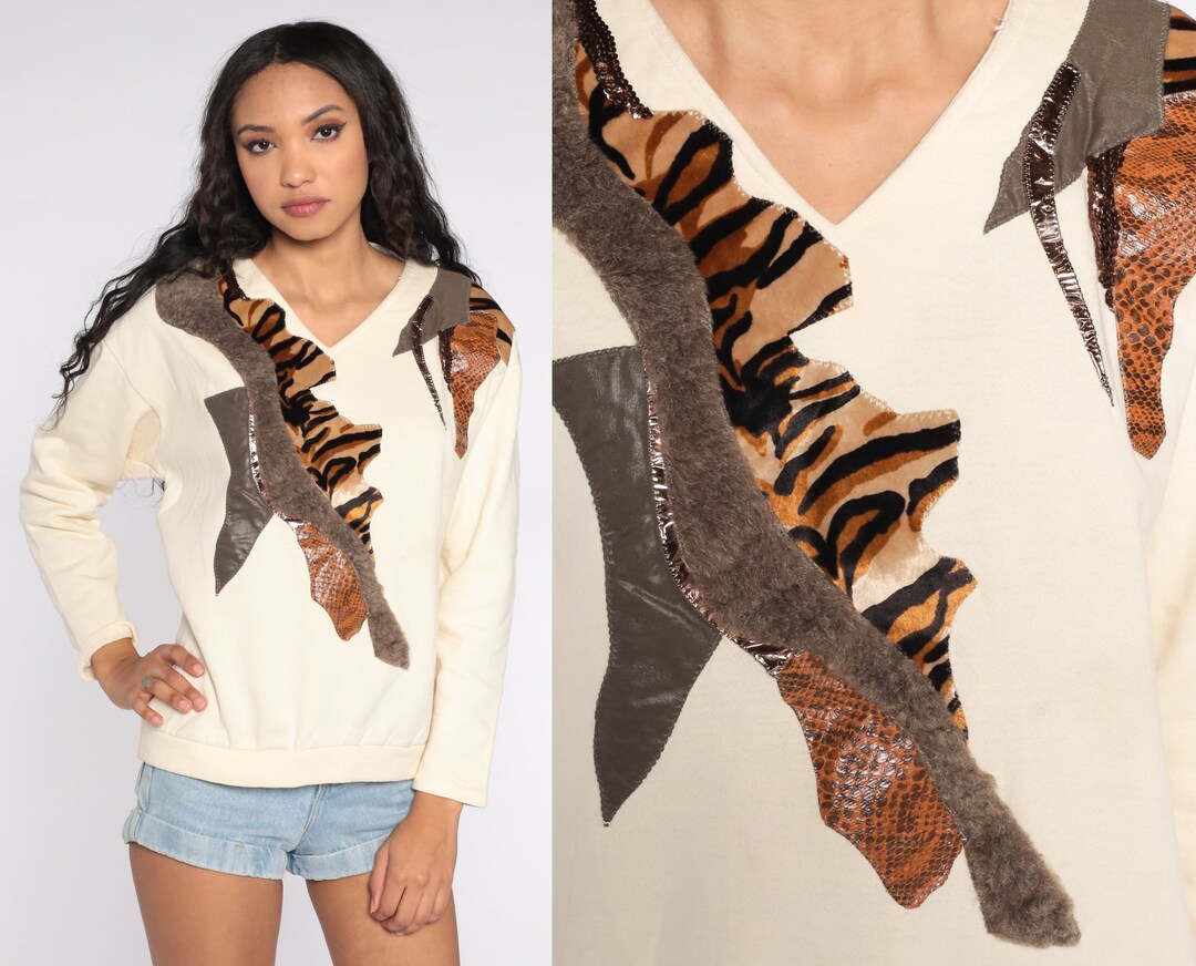 Tiger Print Sweatshirt 80s Faux Fur Patchwork Shirt Animal Etsy
