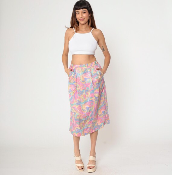 80s Pastel Paisley Skirt Shiny Embossed Midi Skirt High Waisted Pleated Skirt Retro Pink Blue Purple Hippie Boho Vintage 1980s Medium M