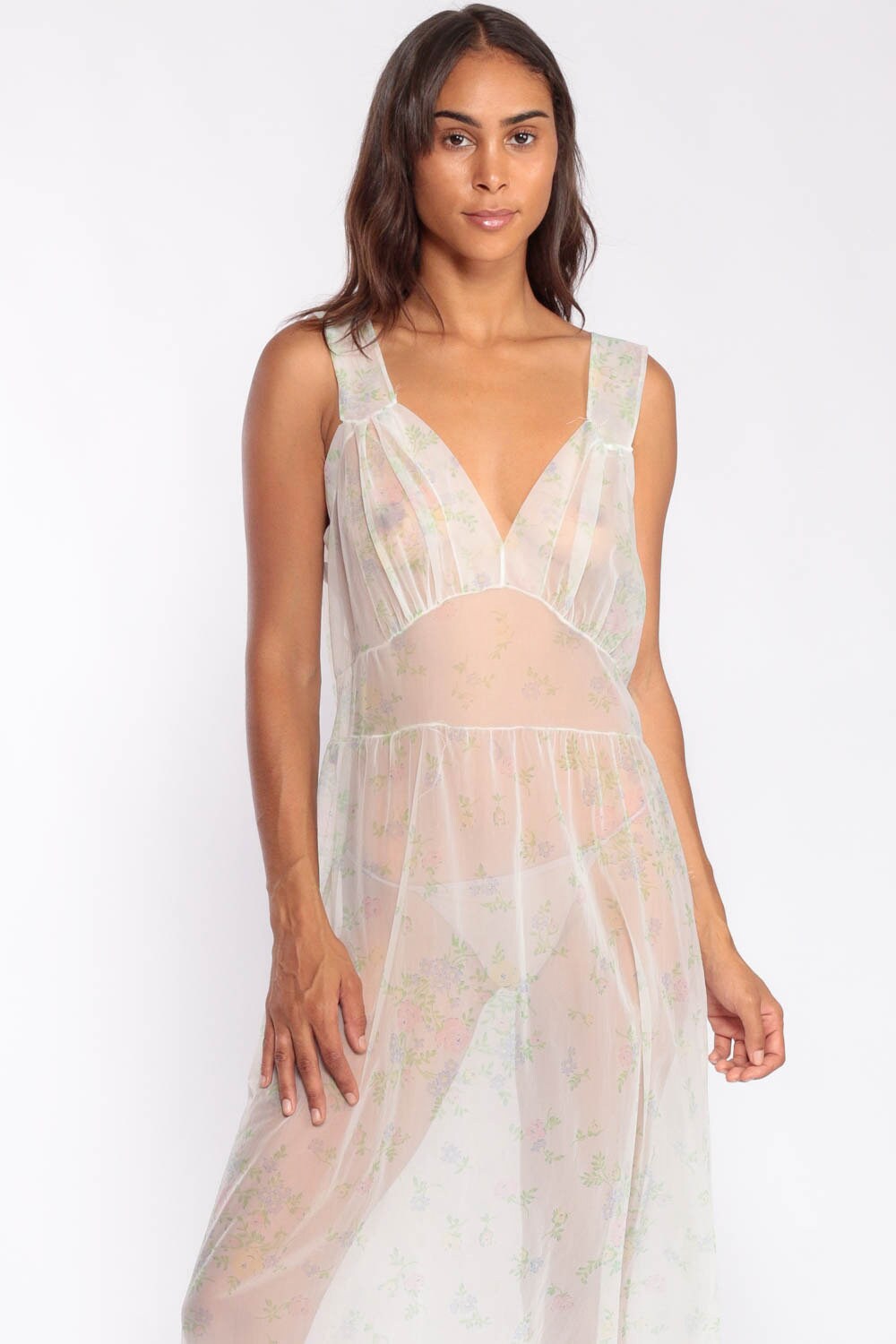 Sheer Lingerie Nightgown Slip Dress 70s Maxi Boho Floral Nightgown Pin