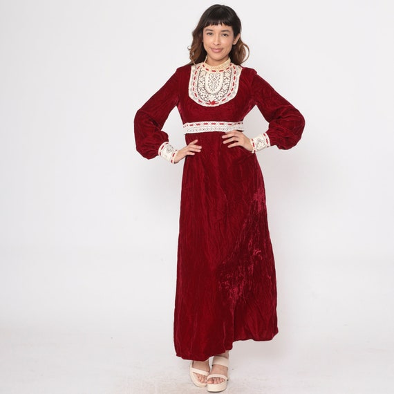 Velvet Lace Dress 70s Maxi Red Party Dress Victorian Bib Dress Empire Waist Mod Boho Vintage 1970s Bohemian Long Balloon Sleeve Medium