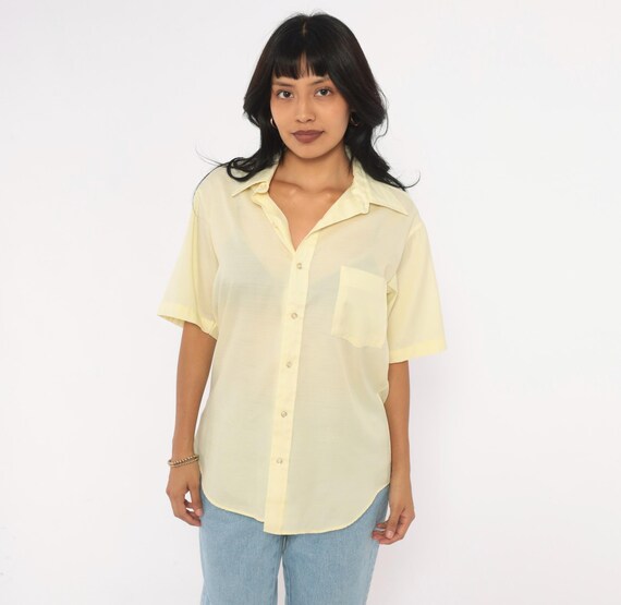 70s Yellow Button Up Shirt Semi Sheer Pale Butter Short Sleeve Chest Pocket Summer Blouse Collared Top Summer Spring Easter Vintage Medium M