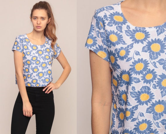 Floral T Shirt 90s Grunge Floral Tee Short Sleeve TShirt Flower Print Blue Yellow Vintage 1990s Cap Sleeve Large