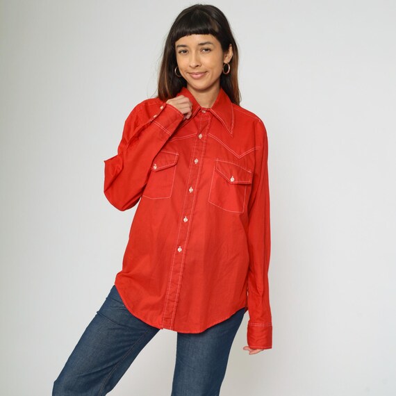 70s Western Shirt Red Button Up Topstitch Disco Shirt Dagger Collar Long Sleeve Top Rodeo Retro Cowboy Vintage 1970s Men's 16 1/2 Large