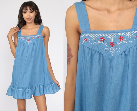 Floral Tent Dress 70s Bohemian Mini Embroidered Dr