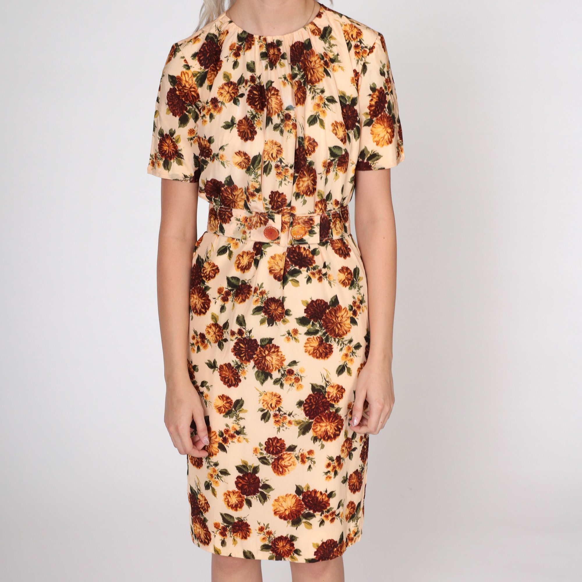 60s Floral Dress Midi Peach Brown Flower Print Mod Sheath Day Dress ...
