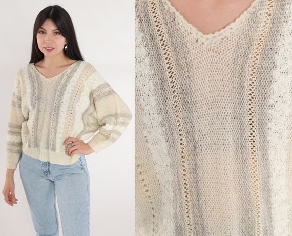 Open Weave Sweater 80s Cream Striped Knit Dolman Sleeve Pullover Sweater Slouchy V-Neck Cut Out Semi-Sheer Cutout Vintage 1980s Medium